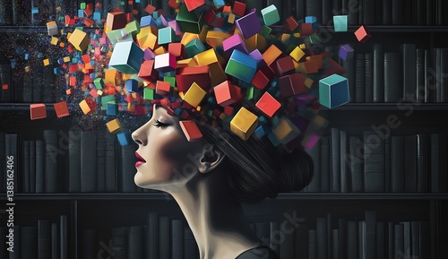 Abstract artwork of a woman with colorful cube-shaped hair, bookshelf background, vibrant imagination, rich color palette, geometric illusion