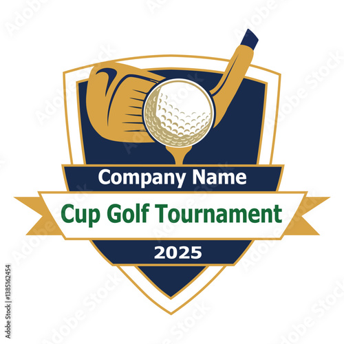 A professional golf tournament logo with a shield-shaped emblem. The design features a stylized golf club and ball in gold, white, and navy blue colors.
