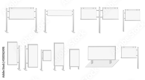 Isometric set of display stands and barriers. Empty billboard collection on stands. Vector illustration isolated on white background