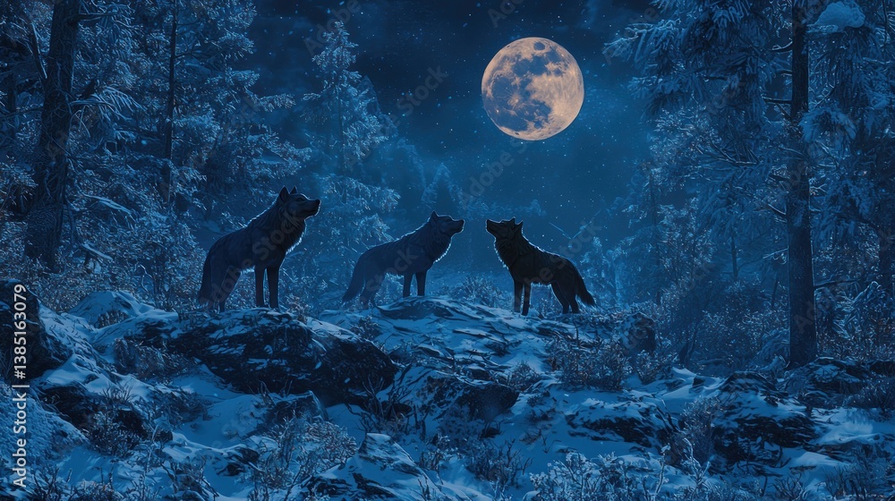 Fototapeta Three wolves howling at a full moon in a snowy forest at night.