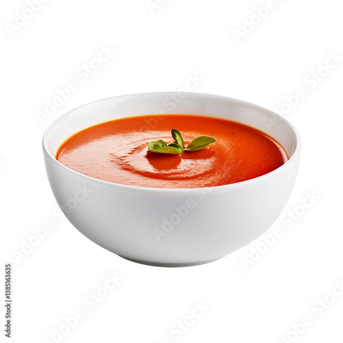 tomato soup with basil in bowl on white background
