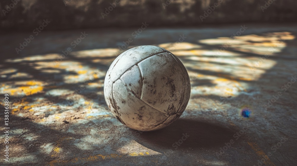 A gently worn white volleyball resting on a textured court floor, showing slight signs of use. A gently worn white volleyball resting on a textured court floor, showing slight signs of use.