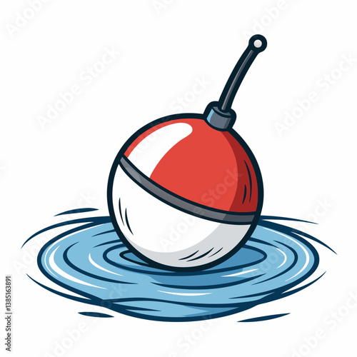 Create a bold, vector illustration of a classic fishing bobber float, emphasizing thick outlines and vibrant color.  Include realistic details.