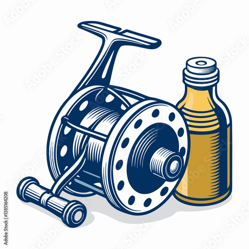 Create a bold, vector illustration of a fishing reel, emphasizing its oily, mechanical components.  Include detailed linework and strong contrasts.