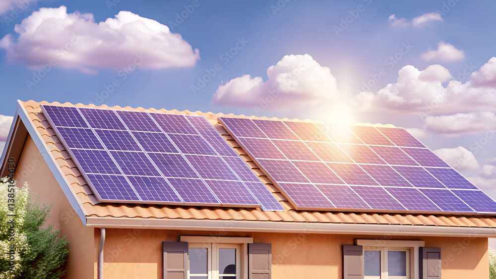 Fototapeta premium Solar Panels on House Roof with Sunny Sky Background