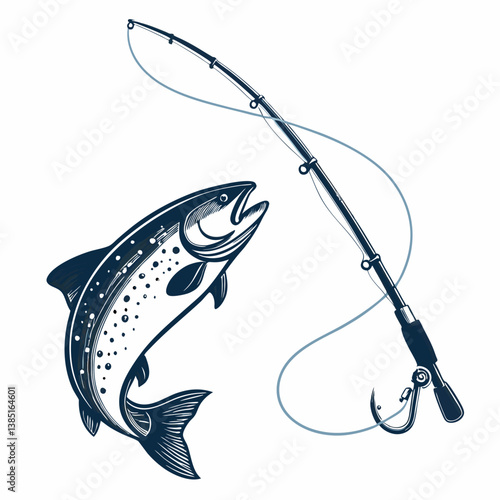 Create a bold, vector illustration of a fishing rod with line, showing detail in the reel and rod's curve.