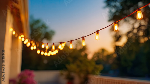 String lights glowing at dusk outdoors creating a warm and festive vibe