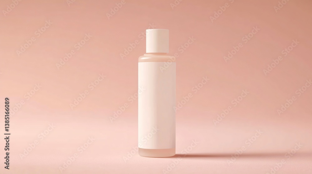 Single cosmetic bottle in soft peach background ideal for skincare or personal care product display Single cosmetic bottle in soft peach background ideal for skincare or personal care product display