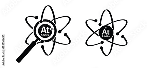 Astatine, is a halogen with atomic number 85, symbol At. Science symbol, element of atoms. Electronic configuration diagram. Astatine is a highly radioactive element. Atomic mass and weight.