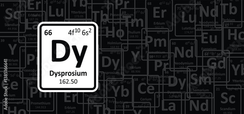 Dysprosium, symbol Dy, number 66. Is a chemical element, a gray-colored lanthanide, flexible and malleable. Rare earth element or rare earth metals or rare earths. Periodic table. Atomic mass, weight.