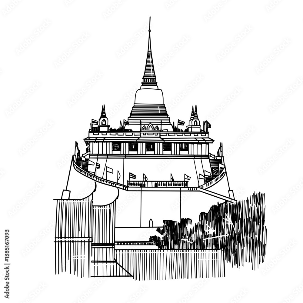 Fototapeta premium The Golden Mount at Wat Saket in Bangkok, Thailand. Sketch by hand. Vector illustration