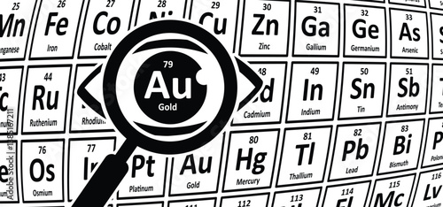 Gold, atomic number 79, symbol Au, from Latin: aurum. Gold is a chemical element, pure substance. Periodic table of elements. Atomic mass, atomic weight and electron configuration. Gold colour.