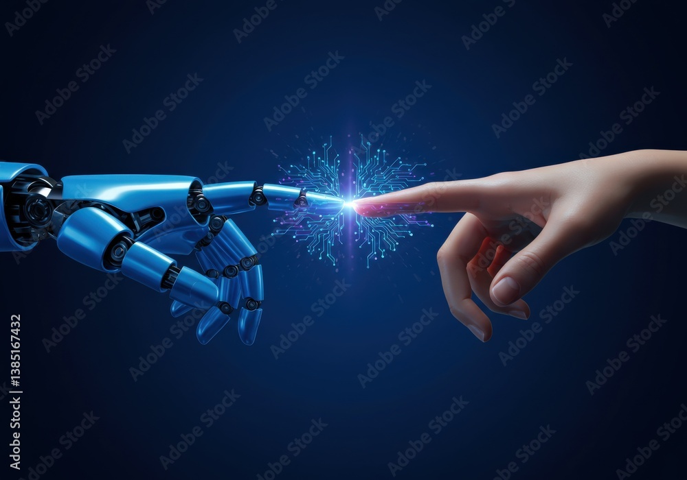 Fototapeta premium A human hand and a robotic hand touch, representing a futuristic connection with a circuit design.
