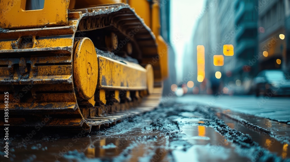 Close-up of a yellow snow removal machine's tracks on a snowy city street. Close-up of a yellow snow removal machine's tracks on a snowy city street.