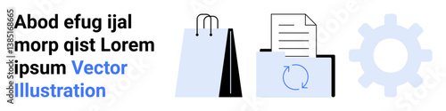 Shopping bag, document with arrows, and gear representing e-commerce, automation, and business processes. Ideal for productivity, workflow, e-commerce, optimization retail data management simple