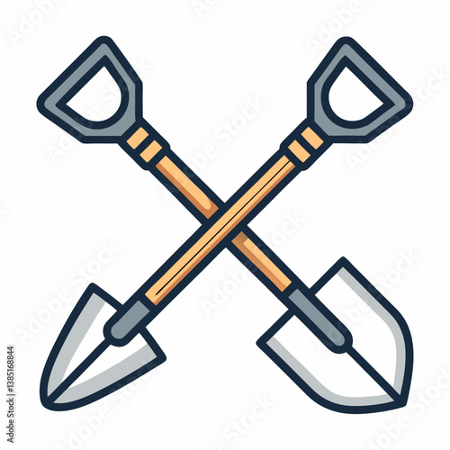 Create a bold vector illustration of a hoe and spade crossed, emphasizing thick strokes and sharp lines.  Include high contrast for easy readability.