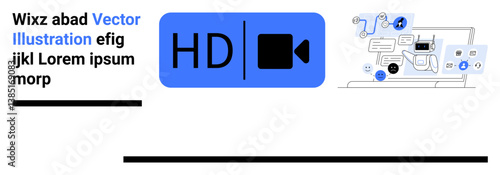 HD video icon beside a laptop with interactive web interface and media elements. Ideal for technology, streaming, media, online learning, user interface, video platforms, simple landing page