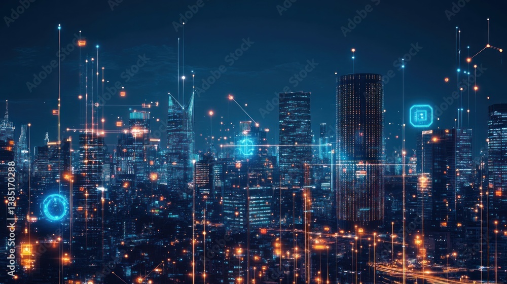 Fototapeta premium Smart City Night Network Data Flow