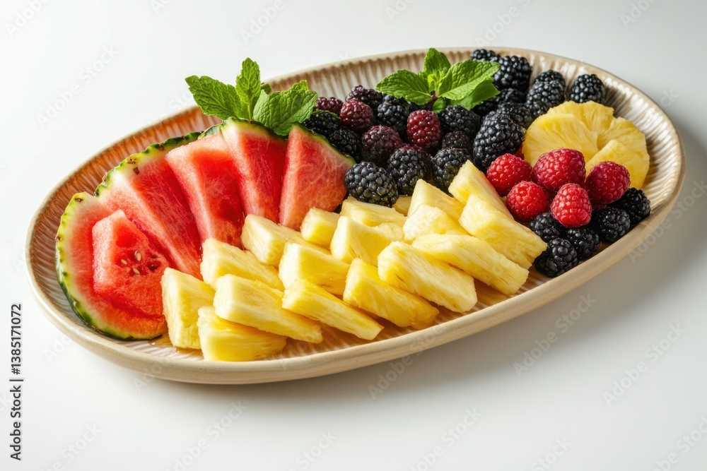 A colorful fruit platter with watermelon, pineapple, and berries. Featuring freshness and flavor A colorful fruit platter with watermelon, pineapple, and berries. Featuring freshness and flavor