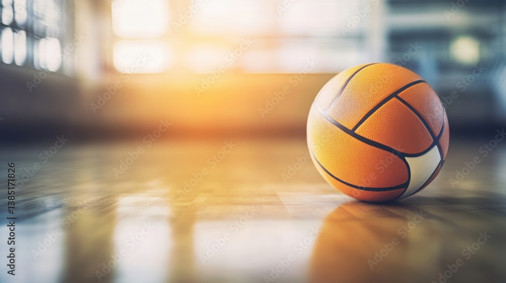 Diagonal composition of volleyball on parquet with blur behind, creating modern sports banner space. Diagonal composition of volleyball on parquet with blur behind, creating modern sports banner space.