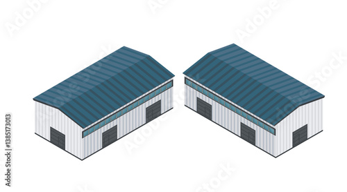 Isometric set of white industrial buildings. Warehouse structures. Factory facilities. Metal and concrete industrial constructions. Commercial storage buildings. Vector illustration isolated on white