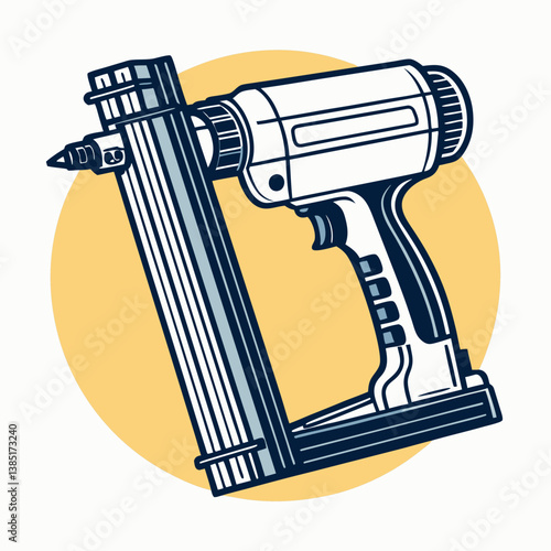 Create a bold, vector illustration of a nail gun with a visible magazine, emphasizing strong lines and sharp details.