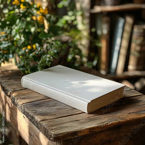 A high-quality mockup of a hardcover book, placed on a rustic wooden desk with natural light