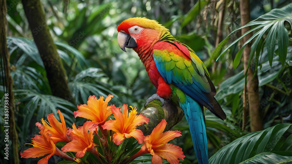 Obraz premium Colorful Parrot Surrounded by Tropical Jungle Flowers in Rainforest, Vibrant Petals and Rich Green Foliage in Exotic Wildlife Setting