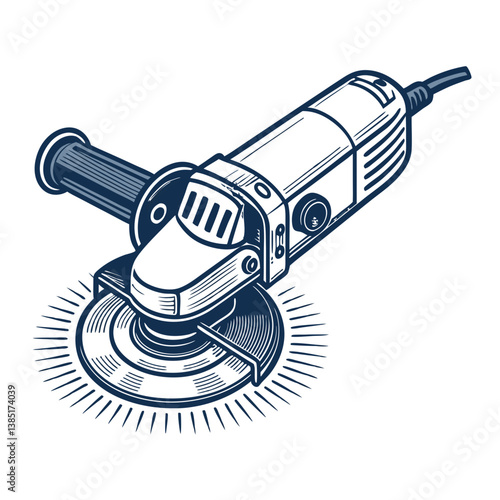 Create a bold, vector illustration of an angle grinder with a thick, black stroke.  Include detailed, realistic elements. (1)