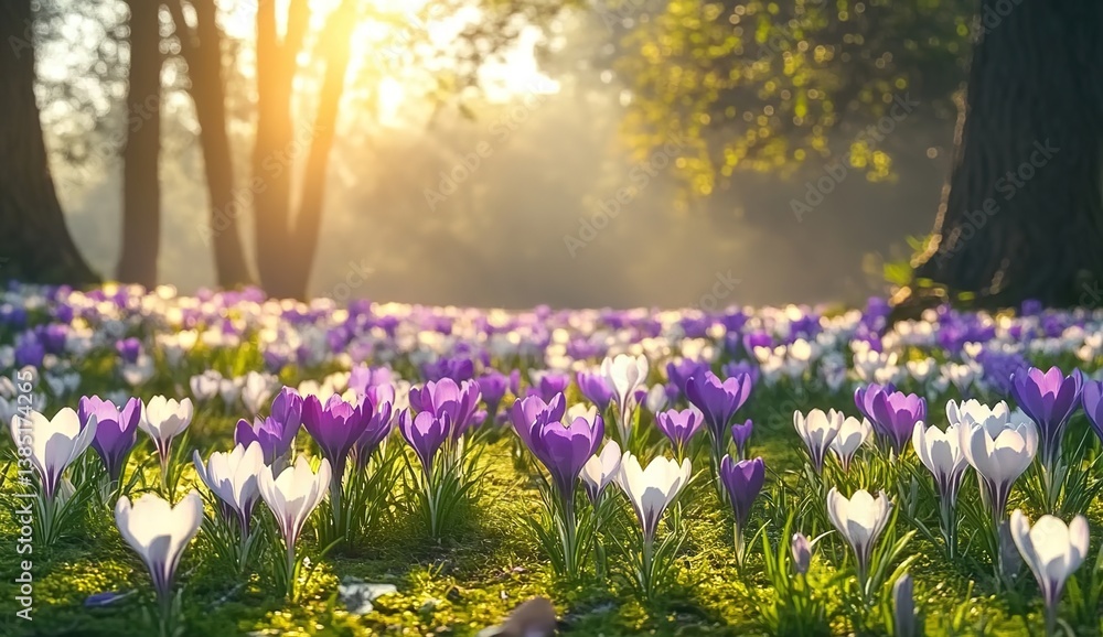 Obraz premium Vibrant meadow filled with purple and white flowers under sunlight, dense forest background, warm and serene atmosphere, golden hour lighting