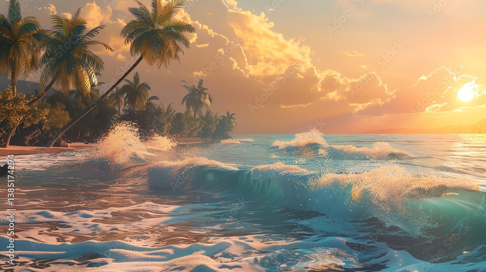 Fototapeta premium Amazing sunset over the ocean. The warm colors of the sky and the gentle waves of the sea create a peaceful and relaxing scene.