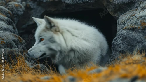 Majestic Arctic wolf emerges from cave in stunning wilderness during early morning light