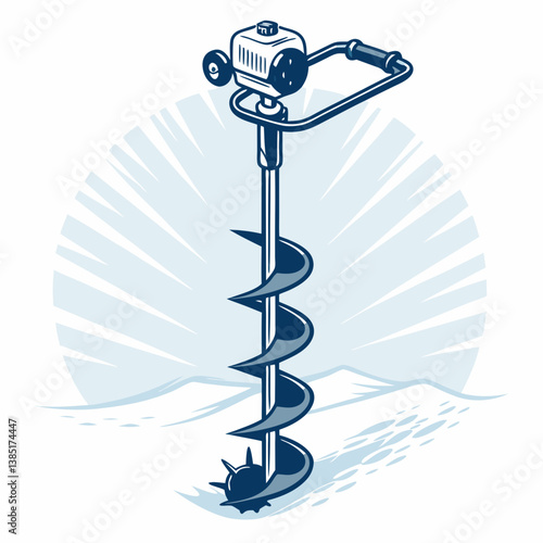 Create a bold, vector illustration of an ice fishing auger with thick, black strokes.  Emphasis on detailed mechanical parts.