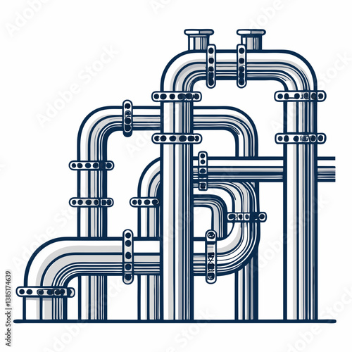 Create a bold, vector illustration of an industrial pipe; emphasize strong, thick strokes and metallic texture.