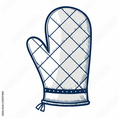 Create a bold, vector illustration of a kitchen oven mitt, emphasizing thick outlines and a white background.  Include realistic folds and textures.