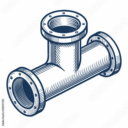 Create a bold vector illustration of a pipe T-junction fitting, emphasizing strong, clean lines and a heavy stroke weight.  Include detailed bevels and accurate proportions.
