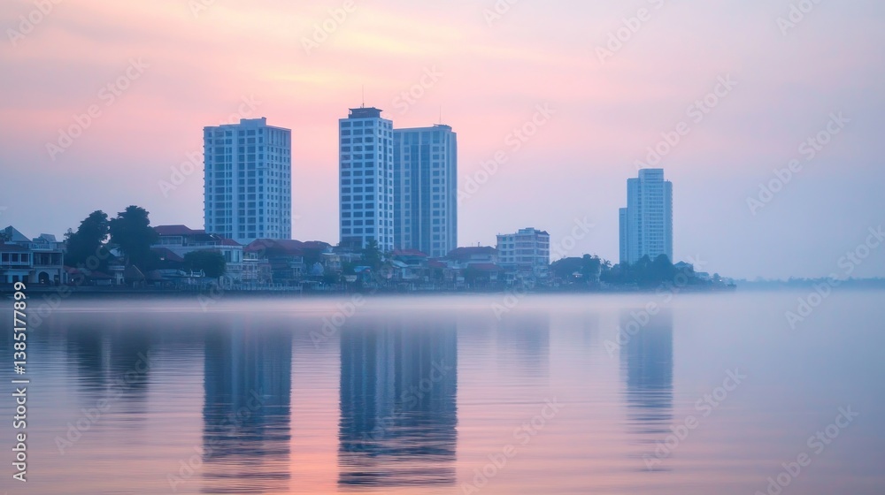 Cityscape sunrise reflection, misty river, Asian architecture, calm Cityscape sunrise reflection, misty river, Asian architecture, calm