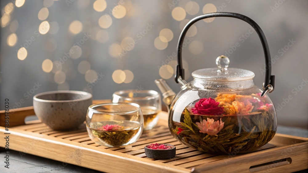 Fototapeta premium a traditional Chinese tea pot with an inviting green tea and colorful flower tea leaves