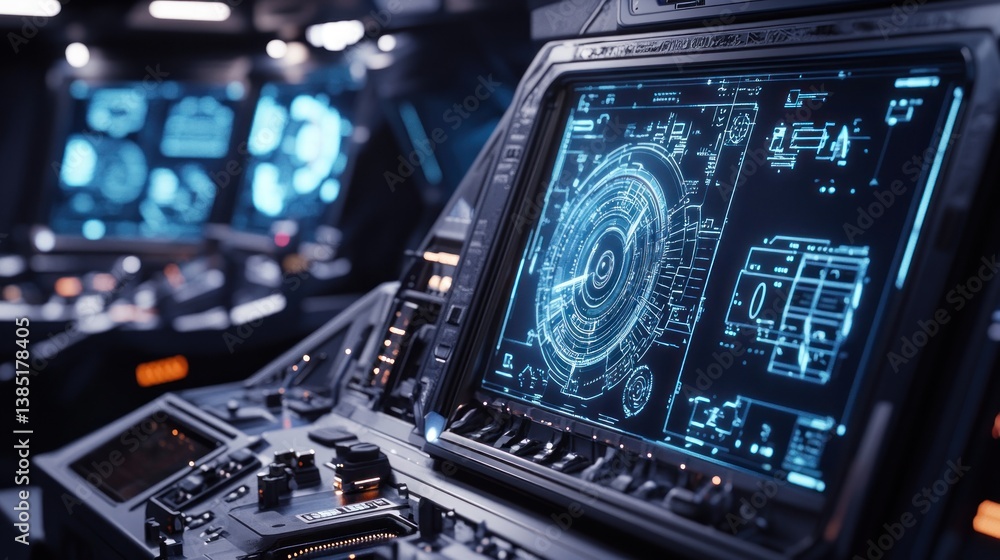 Fototapeta premium Spaceship bridge console displays navigation data, futuristic control panel