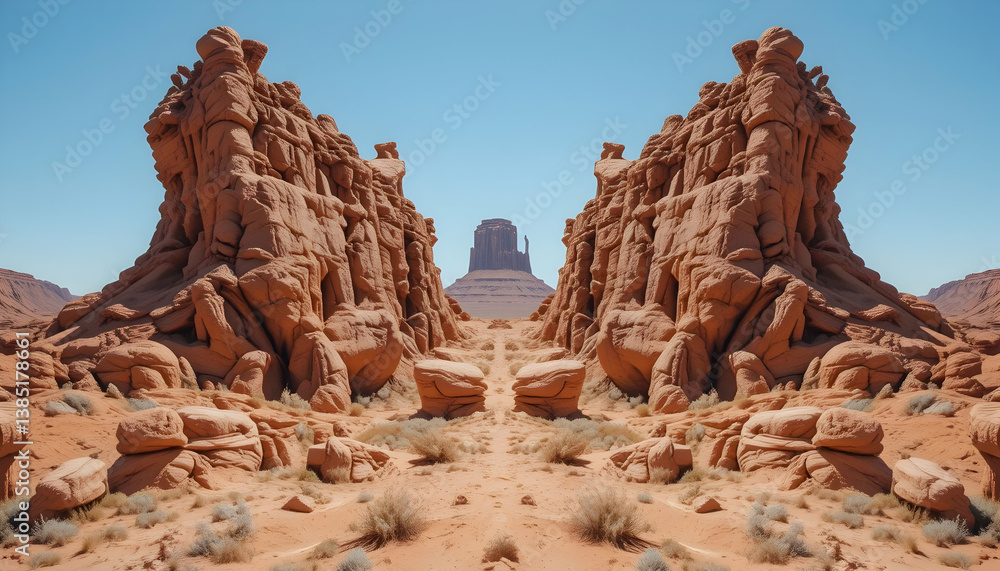 Navigating Desert Landscape Between Red Rock Formations Under a Clear Sky Navigating Desert Landscape Between Red Rock Formations Under a Clear Sky