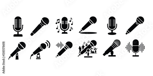 Microphone Silhouette Set | Studio, Vintage Mic, and Sound Recording Icon Illustration Microphone Silhouette Set | Audio Equipment, Music, and Podcast Vector Collection
