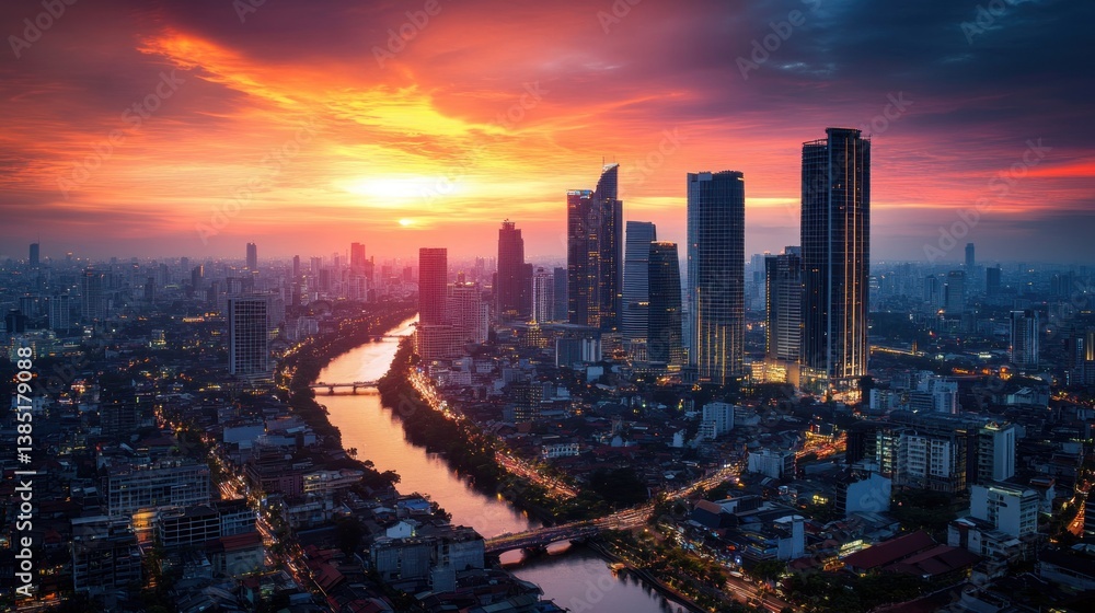 Obraz premium Cityscape sunset river aerial view twilight skyscrapers