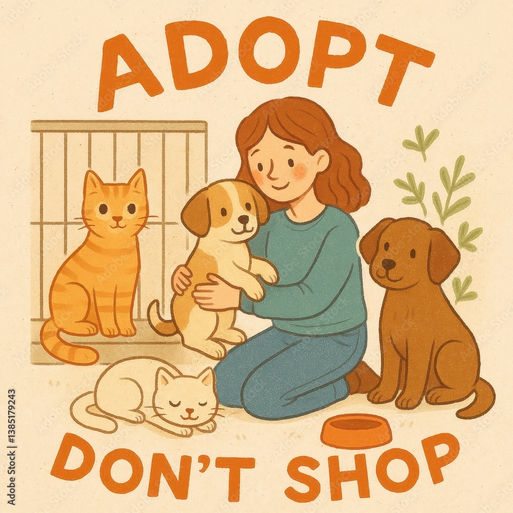 Obraz premium Adopt don't shop: woman with cats and dogs encouraging pet adoption