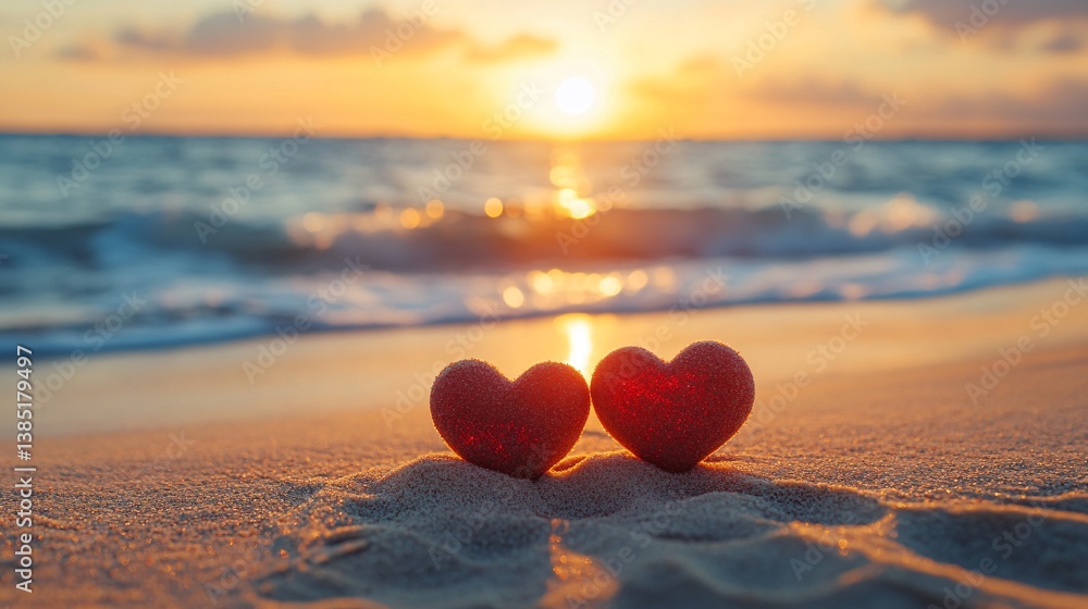 Fototapeta premium Two red hearts standing on the sand of a beach at sunset