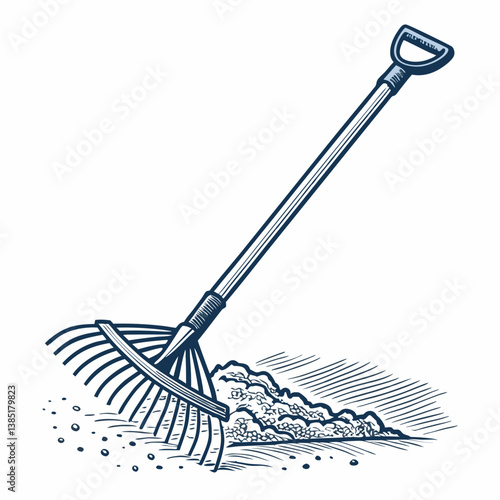 Create a bold, vector illustration of a garden rake used for cultivating soil.  Focus on thick, easily scalable lines.