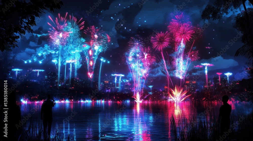 Obraz premium Futuristic Fireworks Night Lake Cityscape Celebration