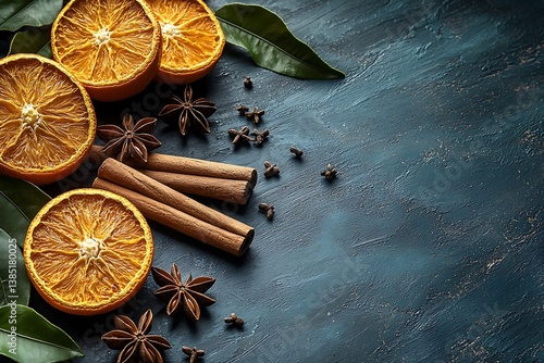 Flat lay of autumn-inspired kitchen ingredients including cinnamon sticks, 
