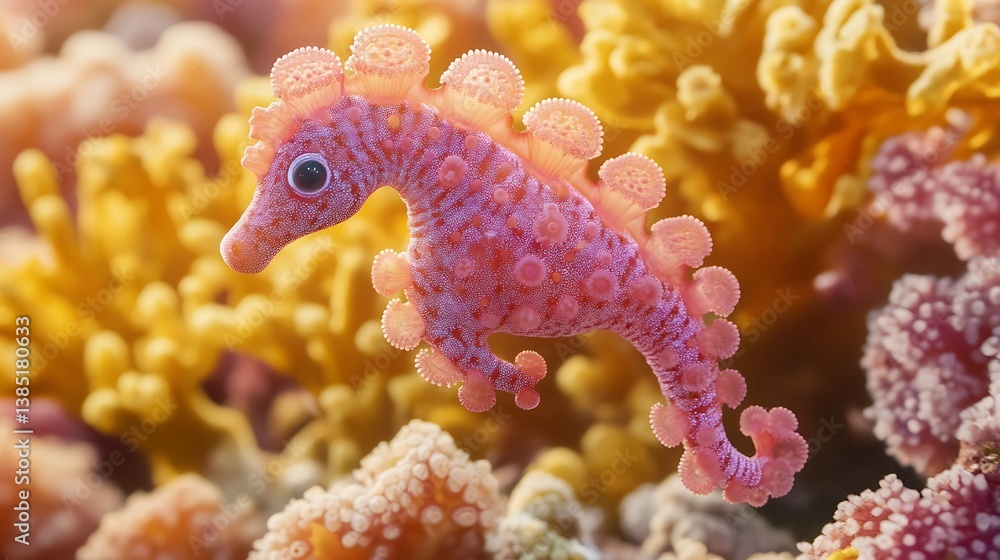Fototapeta premium Tiny pink seahorse on coral reef