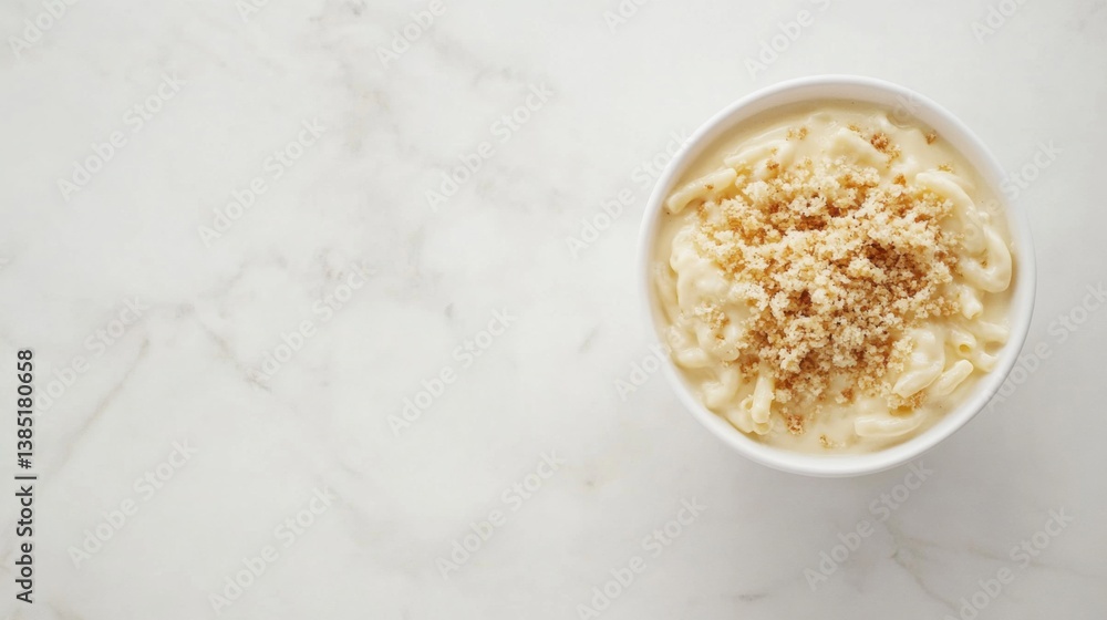 A creamy bowl of macaroni and cheese topped with breadcrumbs. Featuring comfort and richness A creamy bowl of macaroni and cheese topped with breadcrumbs. Featuring comfort and richness