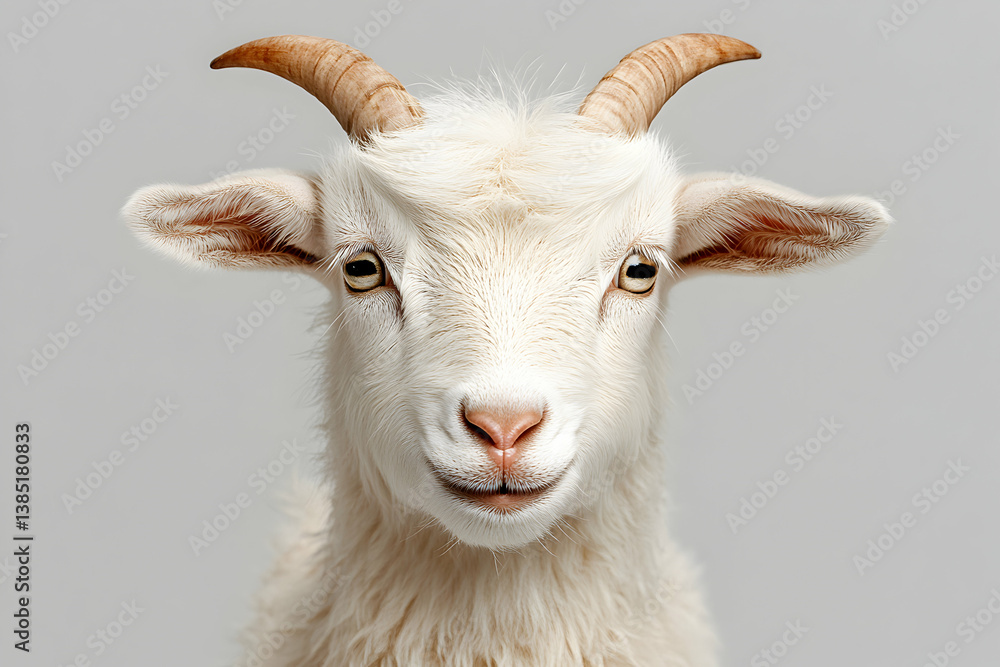 Adorable fluffy baby goat portrait with tiny horns on white background Adorable fluffy baby goat portrait with tiny horns on white background
